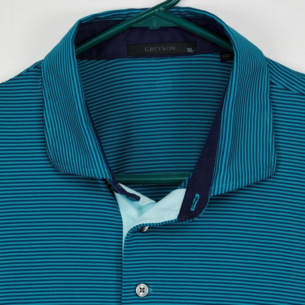 GREYSON Men's XL Striped Golf Polo Shirt Teal Navy Performance Short Sleeve - Picture 6 of 11